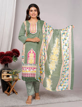Indian Ethnic Salwar Suit Set, Cotton Kurta Pant Dupatta Set, Straight Line Traditional Pakistani Style Suit