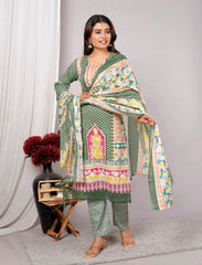 Indian Ethnic Salwar Suit Set, Cotton Kurta Pant Dupatta Set, Straight Line Traditional Pakistani Style Suit