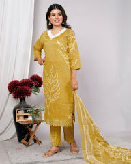 Indian Ethnic Salwar Suit Set, Cotton Kurta with Pant and Dupatta, Three Piece Traditional Set Cotton Suit Set