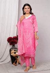 Indian Ethnic Salwar Suit Set, Cotton Kurta with Pant and Dupatta, Three Piece Traditional Set Cotton Suit Set