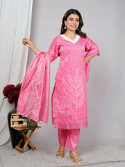 Indian Ethnic Salwar Suit Set, Cotton Kurta with Pant and Dupatta, Three Piece Traditional Set Cotton Suit Set