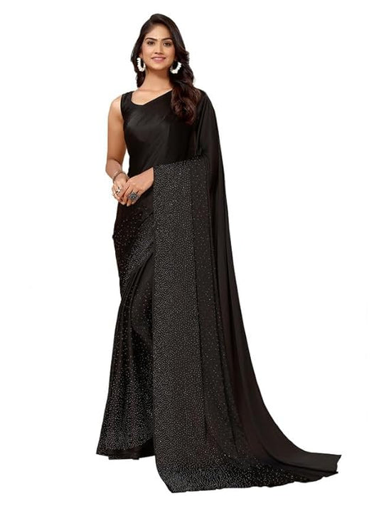 Women's Satin Silk Hot Fixing Stone Work Saree with Unstitched Blouse Prom Dress Sari Ethnicwear Drapper