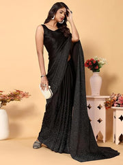 Women's Satin Silk Hot Fixing Stone Work Saree with Unstitched Blouse Prom Dress Sari Ethnicwear Drapper