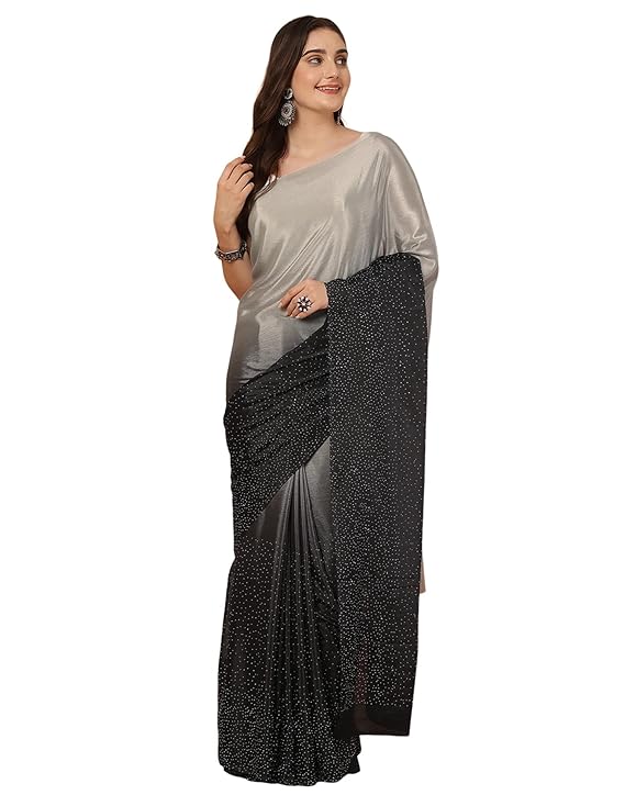 Women's Satin Silk Hot Fixing Stone Work Saree with Unstitched Blouse Prom Dress Sari Ethnicwear Drapper
