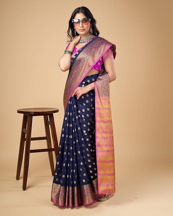 Women's Pure Soft Kanjivaram Silk Saree Banarasi Design Style With Blouse Piece for Wedding