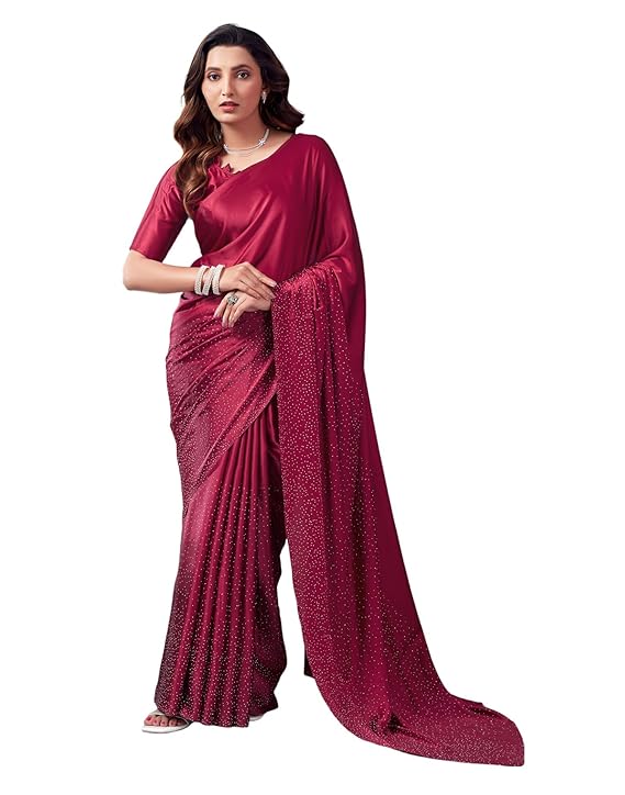 Women's Satin Silk Hot Fixing Stone Work Saree with Unstitched Blouse Prom Dress Sari Ethnicwear Drapper
