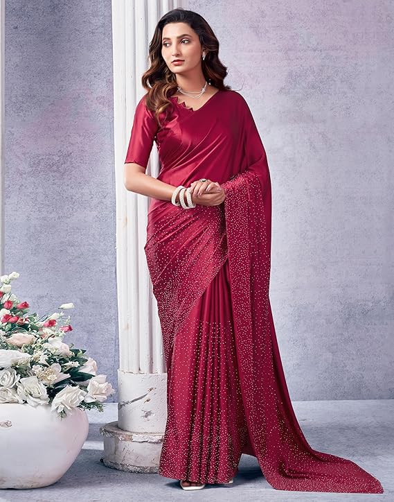 Women's Satin Silk Hot Fixing Stone Work Saree with Unstitched Blouse Prom Dress Sari Ethnicwear Drapper