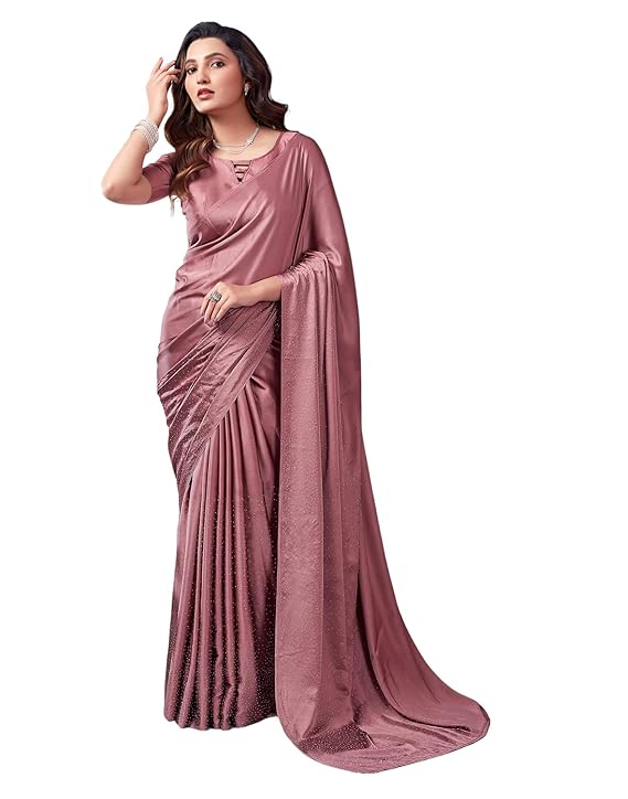 Women's Satin Silk Hot Fixing Stone Work Saree with Unstitched Blouse Prom Dress Sari Ethnicwear Drapper