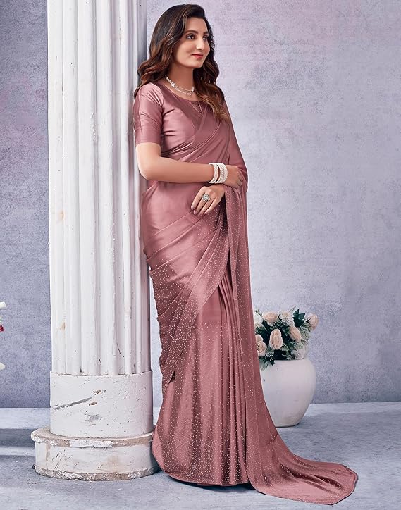 Women's Satin Silk Hot Fixing Stone Work Saree with Unstitched Blouse Prom Dress Sari Ethnicwear Drapper