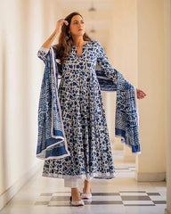 Women's Handblock Printed Anarkali Kurta with Dupatta , Stitched Suit Set for Women, Partywear suit
