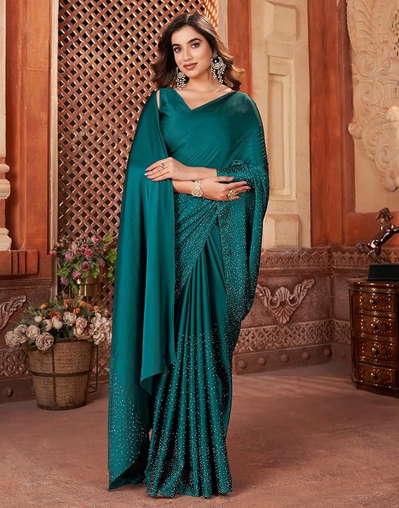 Women's Satin Silk Hot Fixing Stone Work Saree with Unstitched Blouse Prom Dress Sari Ethnicwear Drapper