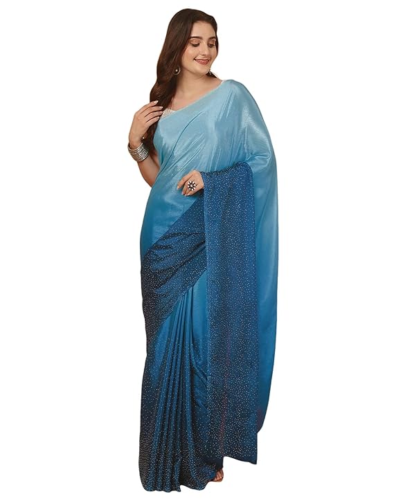 Women's Satin Silk Hot Fixing Stone Work Saree with Unstitched Blouse Prom Dress Sari Ethnicwear Drapper