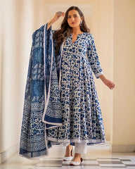 Women's Handblock Printed Anarkali Kurta with Dupatta , Stitched Suit Set for Women, Partywear suit