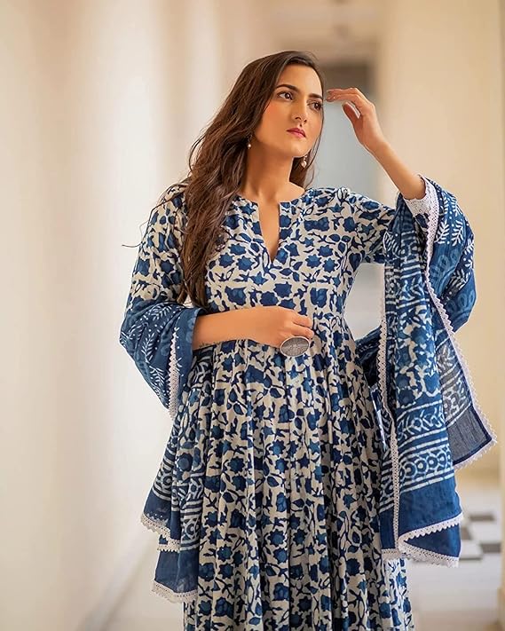 Women's Handblock Printed Anarkali Kurta with Dupatta , Stitched Suit Set for Women, Partywear suit