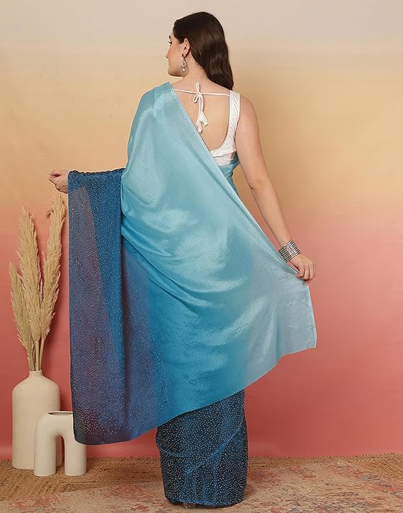 Women's Satin Silk Hot Fixing Stone Work Saree with Unstitched Blouse Prom Dress Sari Ethnicwear Drapper