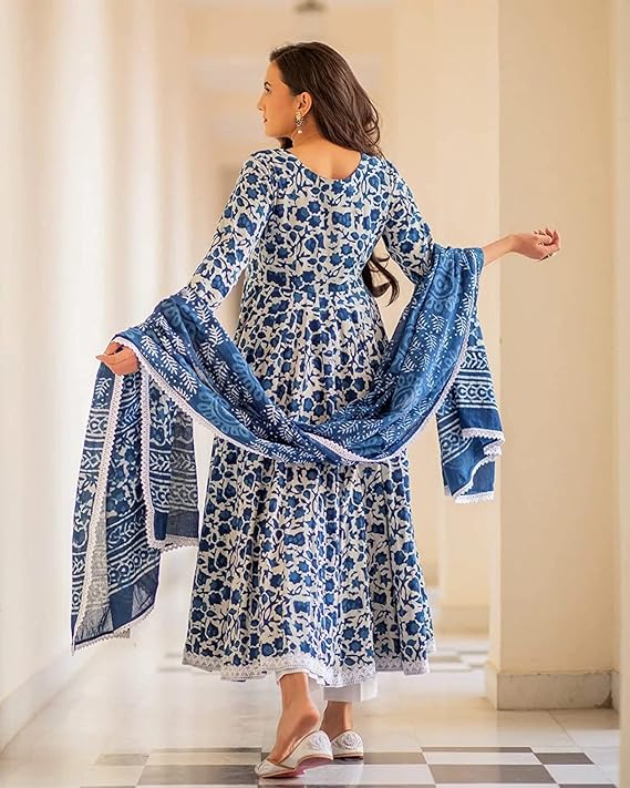 Women's Handblock Printed Anarkali Kurta with Dupatta , Stitched Suit Set for Women, Partywear suit