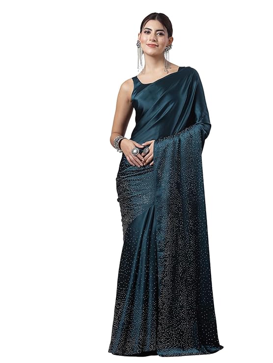 Women's Satin Silk Hot Fixing Stone Work Saree with Unstitched Blouse Prom Dress Sari Ethnicwear Drapper