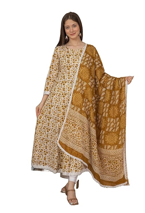 Women's Handblock Printed Anarkali Kurta with Dupatta , Stitched Suit Set for Women, Partywear suit