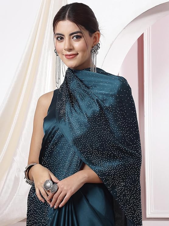 Women's Satin Silk Hot Fixing Stone Work Saree with Unstitched Blouse Prom Dress Sari Ethnicwear Drapper