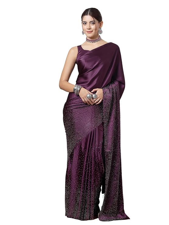 Women's Satin Silk Hot Fixing Stone Work Saree with Unstitched Blouse Prom Dress Sari Ethnicwear Drapper