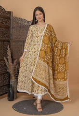 Women's Handblock Printed Anarkali Kurta with Dupatta , Stitched Suit Set for Women, Partywear suit
