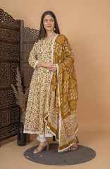 Women's Handblock Printed Anarkali Kurta with Dupatta , Stitched Suit Set for Women, Partywear suit