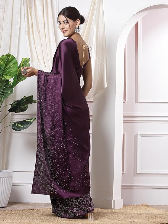 Women's Satin Silk Hot Fixing Stone Work Saree with Unstitched Blouse Prom Dress Sari Ethnicwear Drapper
