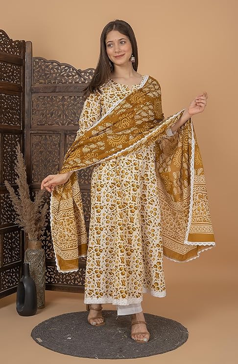 Women's Handblock Printed Anarkali Kurta with Dupatta , Stitched Suit Set for Women, Partywear suit