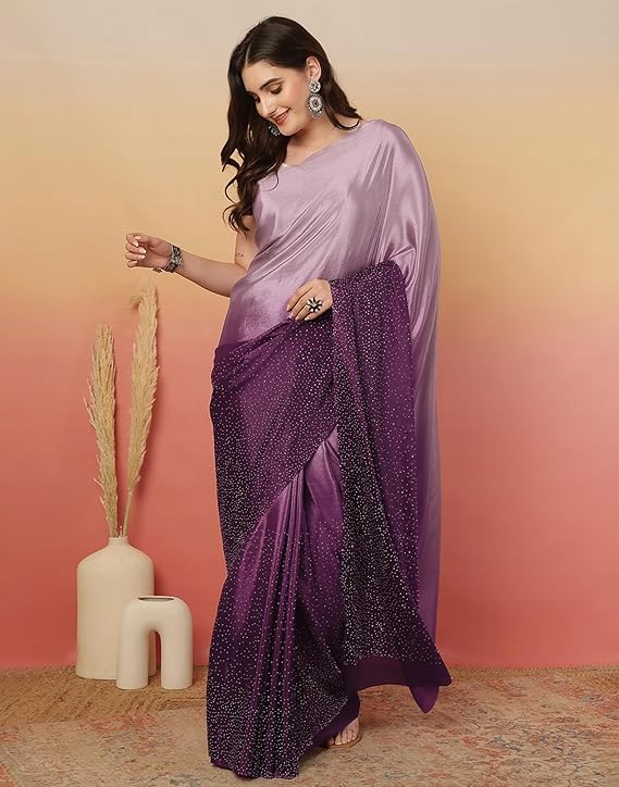 Women's Satin Silk Hot Fixing Stone Work Saree with Unstitched Blouse Prom Dress Sari Ethnicwear Drapper