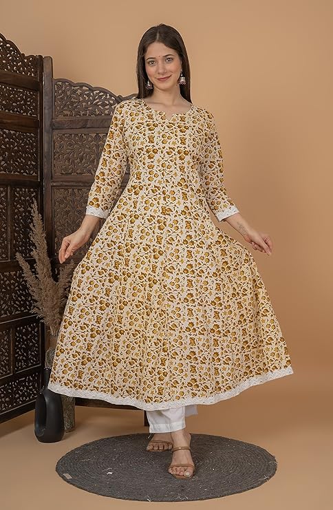 Women's Handblock Printed Anarkali Kurta with Dupatta , Stitched Suit Set for Women, Partywear suit