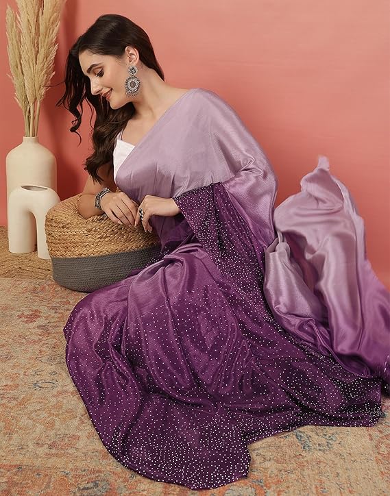 Women's Satin Silk Hot Fixing Stone Work Saree with Unstitched Blouse Prom Dress Sari Ethnicwear Drapper