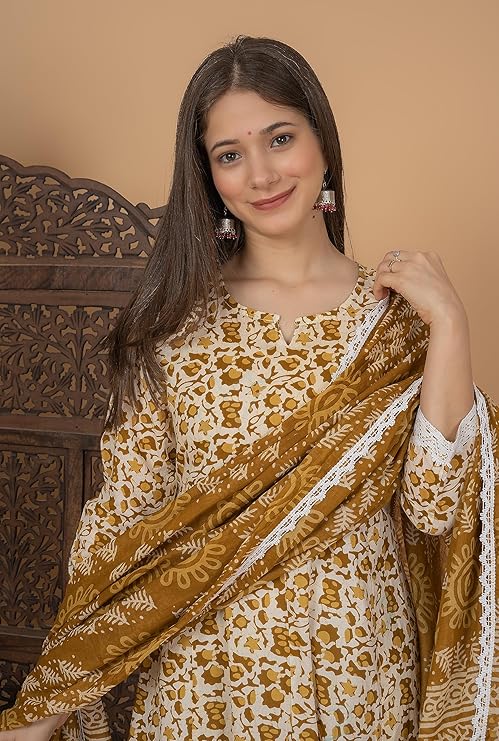 Women's Handblock Printed Anarkali Kurta with Dupatta , Stitched Suit Set for Women, Partywear suit