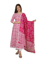 Women's Handblock Printed Anarkali Kurta with Dupatta , Stitched Suit Set for Women, Partywear suit