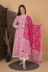 Women's Handblock Printed Anarkali Kurta with Dupatta , Stitched Suit Set for Women, Partywear suit