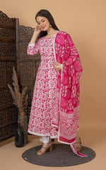Women's Handblock Printed Anarkali Kurta with Dupatta , Stitched Suit Set for Women, Partywear suit