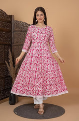 Women's Handblock Printed Anarkali Kurta with Dupatta , Stitched Suit Set for Women, Partywear suit