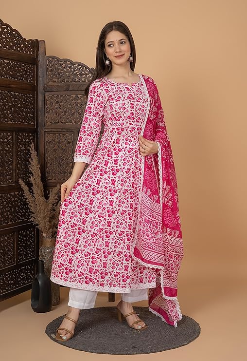 Women's Handblock Printed Anarkali Kurta with Dupatta , Stitched Suit Set for Women, Partywear suit