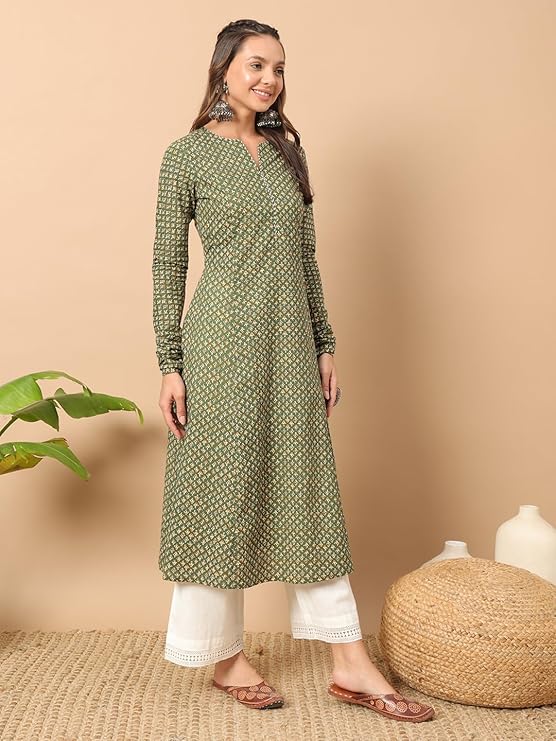 Womens Cotton Regular Fit Floral Printed A-Line Kurta, Indian Kurta for women, Partywear kurta