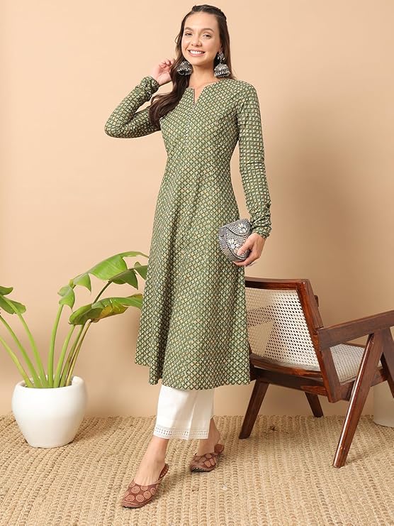 Womens Cotton Regular Fit Floral Printed A-Line Kurta, Indian Kurta for women, Partywear kurta
