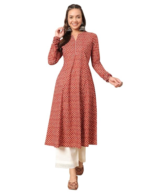 Womens Cotton Regular Fit Floral Printed A-Line Kurta, Indian Kurta for women, Partywear kurta