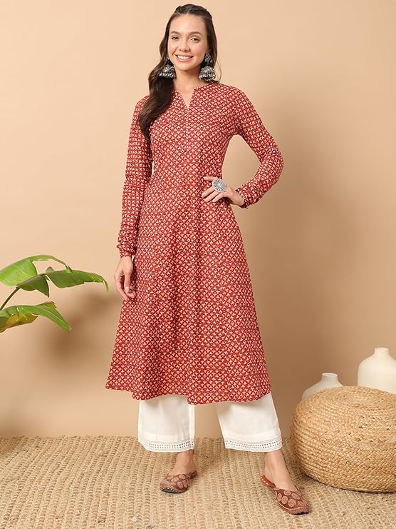 Womens Cotton Regular Fit Floral Printed A-Line Kurta, Indian Kurta for women, Partywear kurta