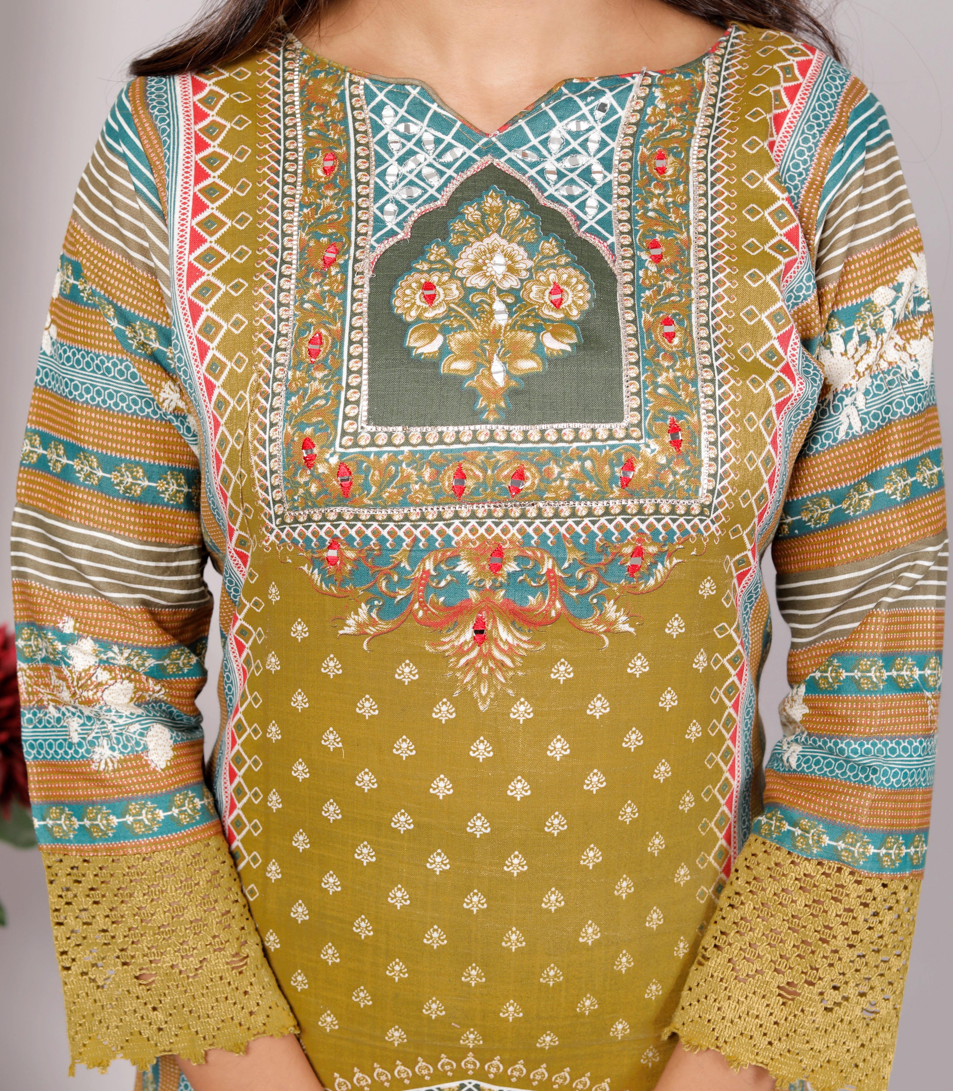 Indian Ethnic Salwar Suit Set, Cotton Kurta Pant Dupatta Set, Straight Line Traditional Pakistani Style Suit