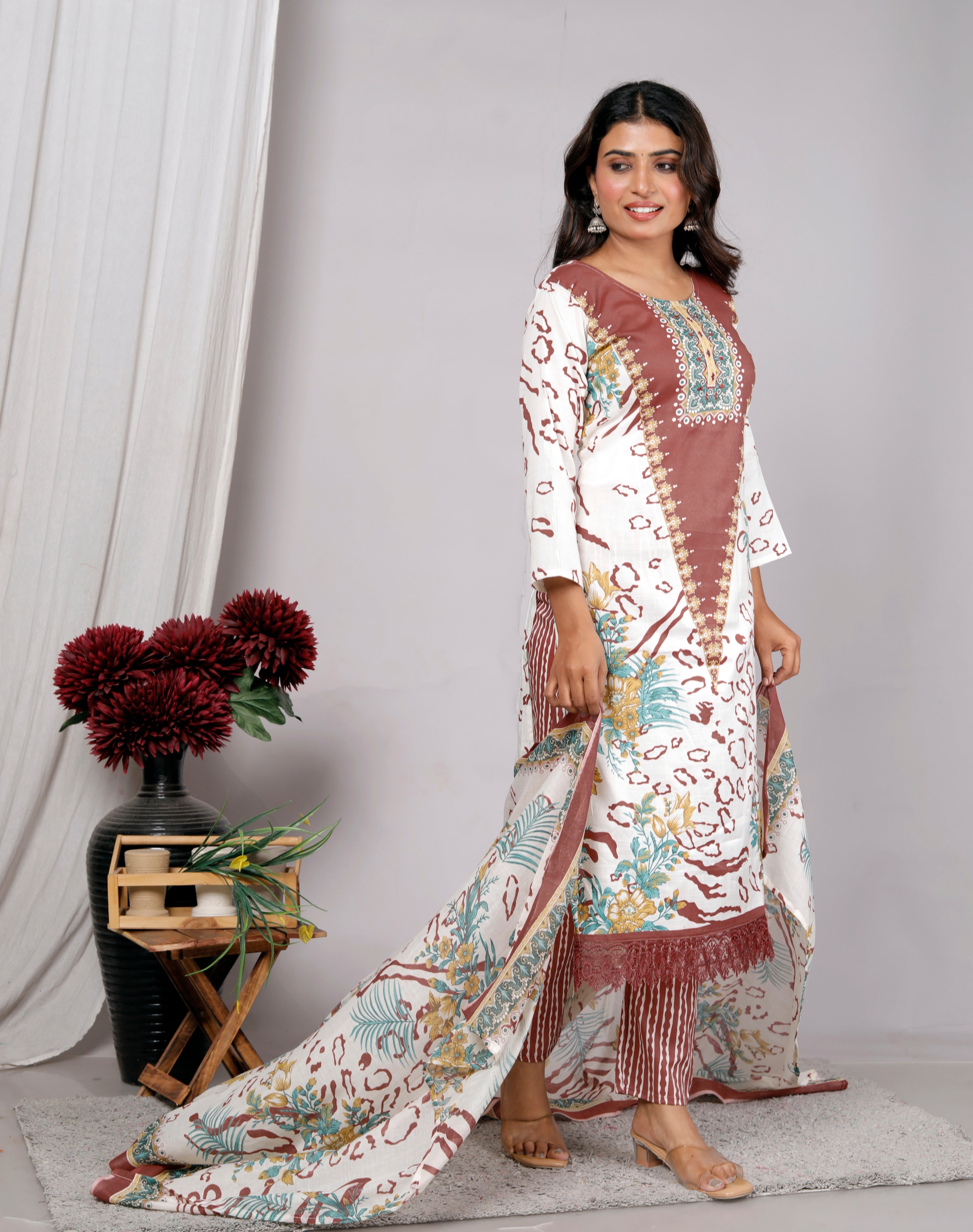 Indian Ethnic Salwar Suit Set, Cotton Kurta Pant Dupatta Set, Straight Line Traditional Pakistani Style Suit