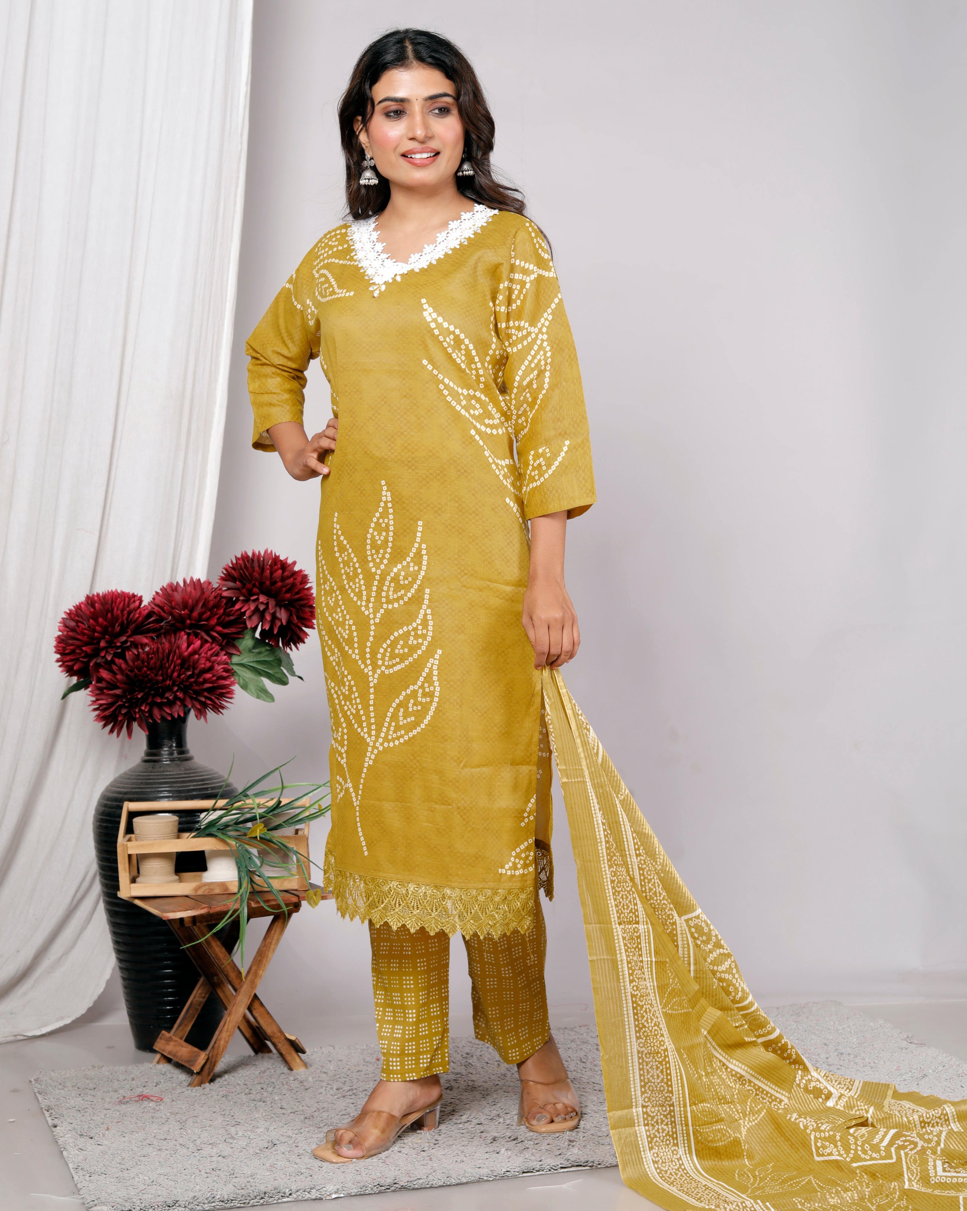 Indian Ethnic Salwar Suit Set, Cotton Kurta with Pant and Dupatta, Three Piece Traditional Set Cotton Suit Set