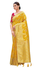 Silk Blend Saree for Women yellow colour saree with Red Blouse
