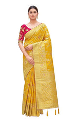 Silk Blend Saree for Women yellow colour saree with Red Blouse
