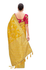 Silk Blend Saree for Women yellow colour saree with Red Blouse