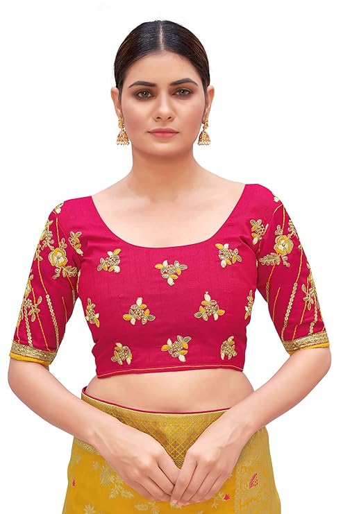 Silk Blend Saree for Women yellow colour saree with Red Blouse