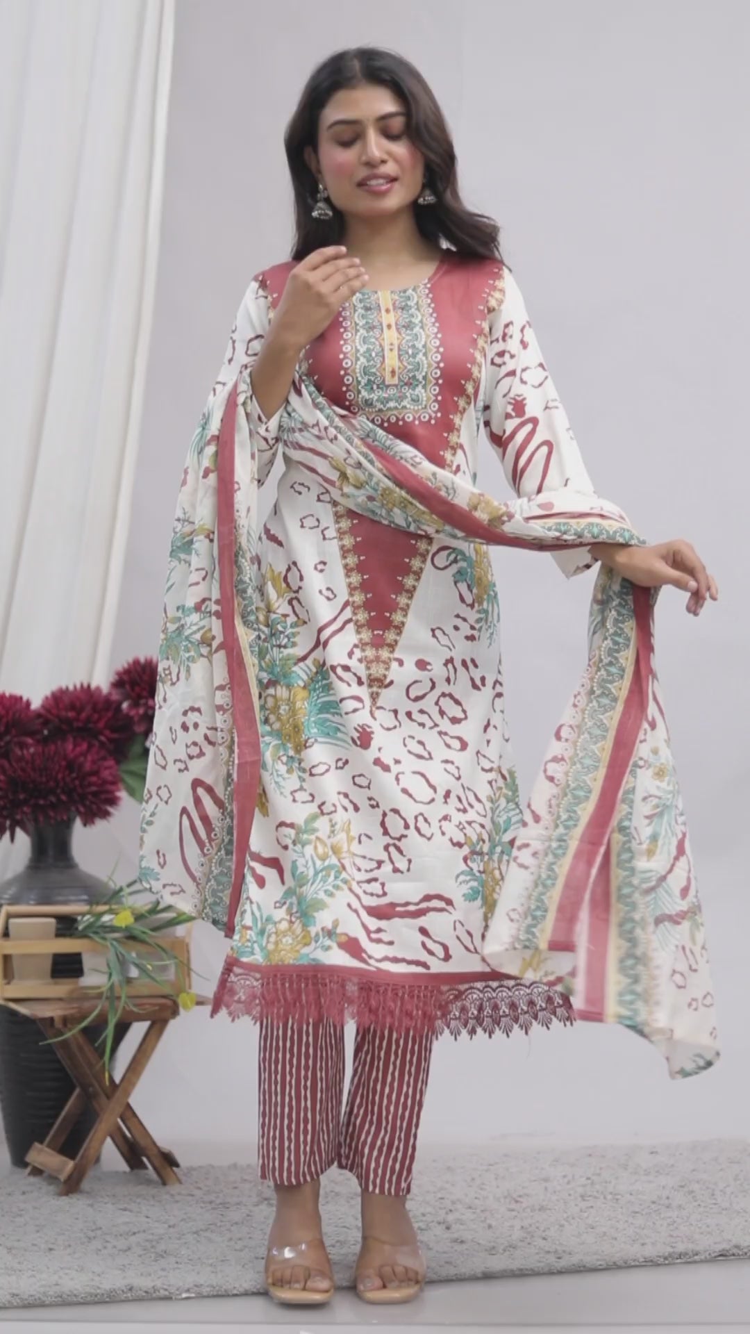 Indian Ethnic Salwar Suit Set, Cotton Kurta Pant Dupatta Set, Straight Line Traditional Pakistani Style Suit