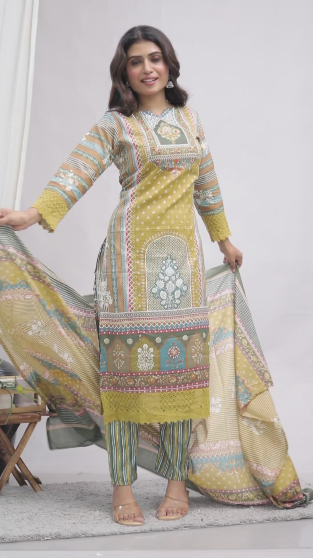 Indian Ethnic Salwar Suit Set, Cotton Kurta Pant Dupatta Set, Straight Line Traditional Pakistani Style Suit